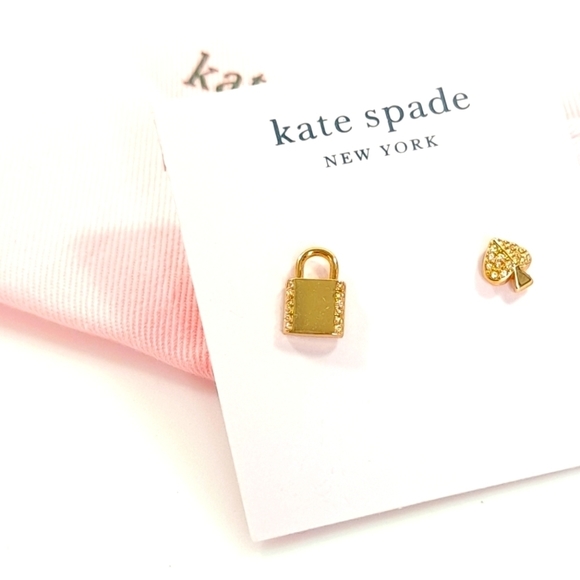 Kate Spade Lock & Spade Earrings Mismatch Stud NWT NEW Post Back Gold - Picture 8 of 10